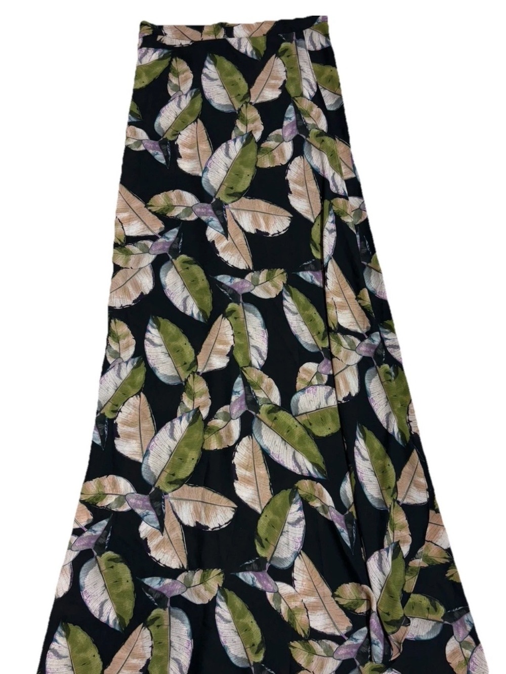 Olivaceous Black Maxi Skirt with Green and Cream Leaf Print
